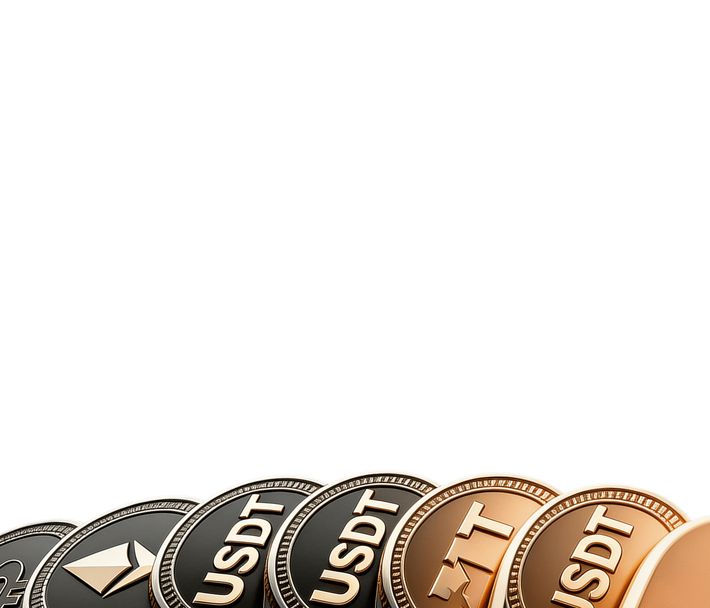 Crypto coins showcasing USDT, ETH, BTC